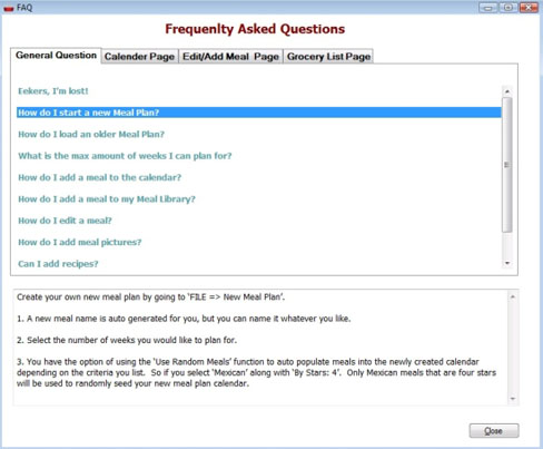 Meal Planner Help/FAQ Page